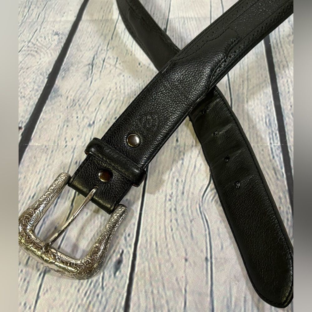 Ariat Black Leather Silver Buckle Western Southwestern Cowboy Casual Belt 44 - Picture 7 of 13